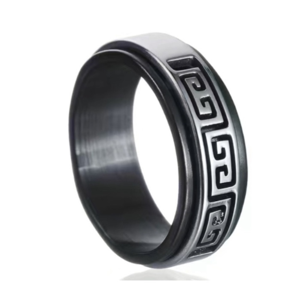 Stainless Steel Greek Key Spinner Ring - Black Silver Cutout Fidget Band